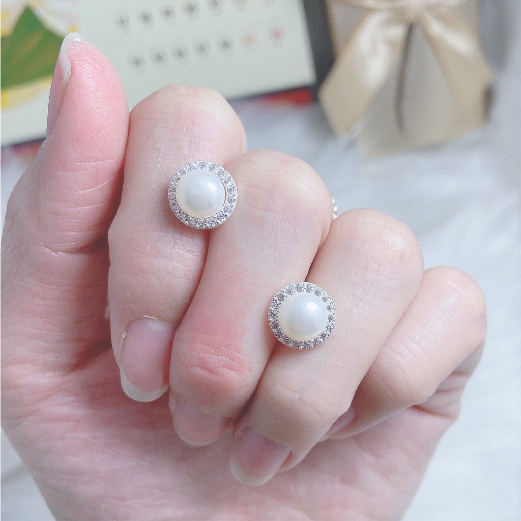 Bông tròn đính hạt li to, khuyên tai chất liệu bạc ta sang trọng - Trang sức bạc Evasilver