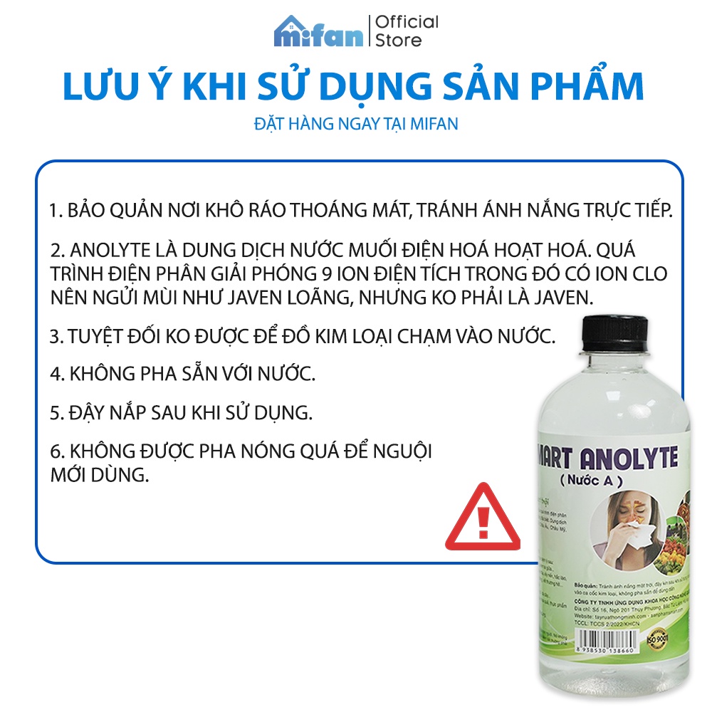 Dung dịch sát khuẩn Smart A 500ml - Nước anolyte khử khuẩn da, vệ sinh mũi họng - An toàn, không gây kích ứng