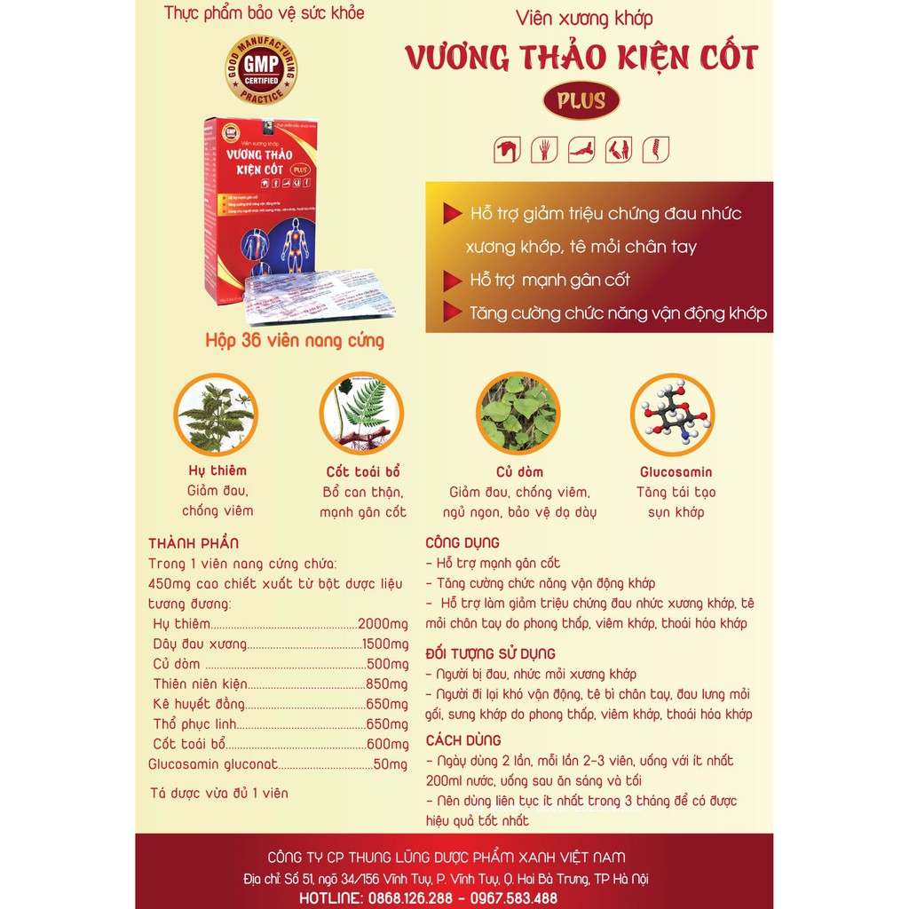 Vương thảo kiện cốt PLUS - CTCP Thung lũng dược phẩm Xanh GPV - VIÊN NANG CỨNG - Hỗ trợ điều trị bệnh xương khớp