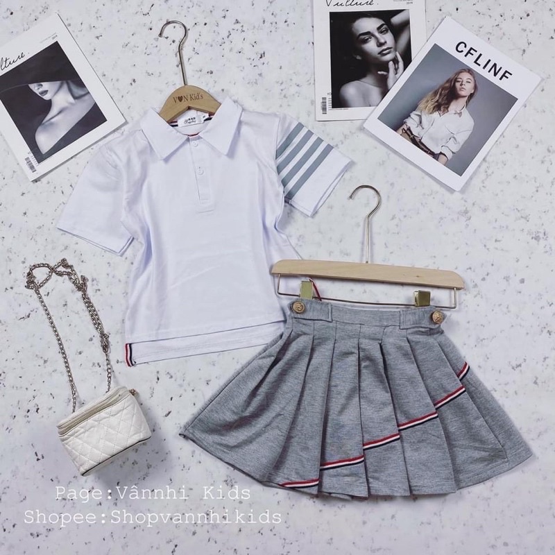 Set áo trắng cổ bẻ + cv xếp ly 2 màu bé gái