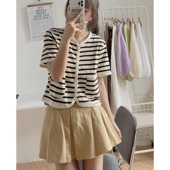 áo cardigan dệt kim nữ kẻ ngang form rộng tay ngắn cổ tim Hàn quốc áo phông nữ cadigan cộc tay cổ C kẻ sọc ngang