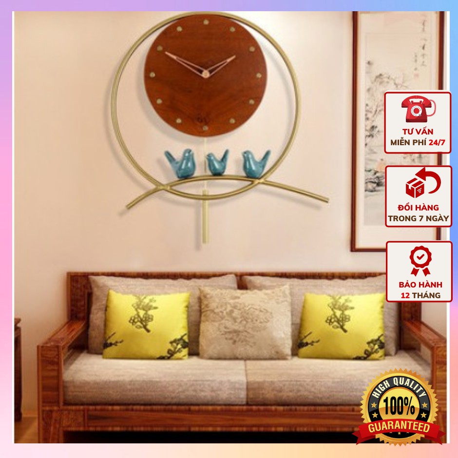 Đồng hồ treo tường TÂN CỔ ĐIỂN quả lắc gam nâu với 3 con chim sứ xanh sinh động DHTT59 - Thích hợp mọi không gian.