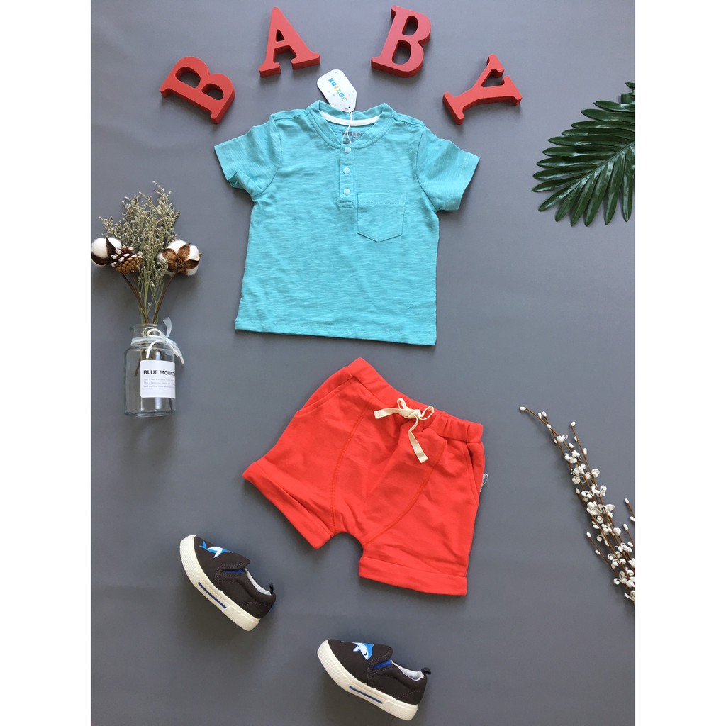 Bộ kaizoo Tay Ngắn Thun Cotton Pummy Áo Xanh Quần Đỏ Cam (Bé 7.5-20Kg)