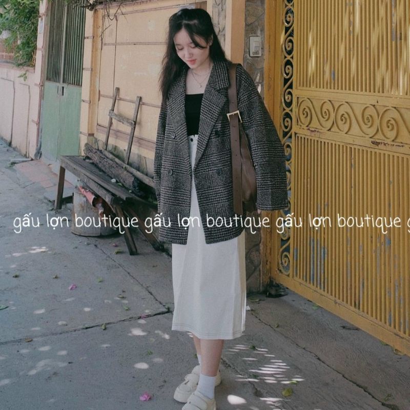 Áo khoác dạ kẻ form rộng phong cách hàn quốc