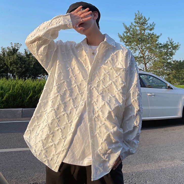 Áo Sơ Mi Tay Dài Dáng Rộng Màu Trơn In Họa Tiết Thời Trang Hàn Quốc Trẻ Trung Cho Nam