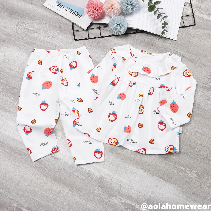Bộ dài tay bé gái thun cotton mặc ngủ áo babydoll, pijama bé gái cổ bèo họa tiết hoa nhí kỳ lân Áo Lá Homewear A001