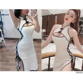 Đầm cúp sườn xám đính nút cổ tàu sexy