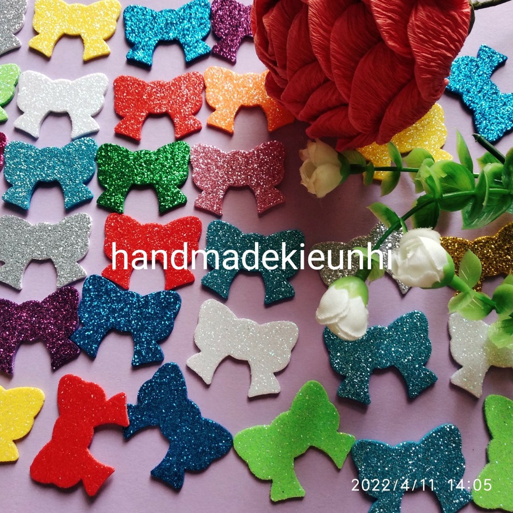 20 HÌNH NƠ 3.3 x 2.7cm, bằng giấy xốp kim tuyến - Hình trang trí thiệp, phong thư, bao lì xì, bưu thiếp, mầm non
