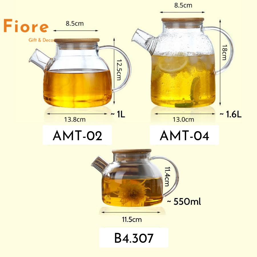 Ấm trà thủy tinh - cốc thủy tinh chịu nhiệt cao cấp, kiểu dáng hiện đại, nắp gỗ và nắp inox - nhiều kích cỡ