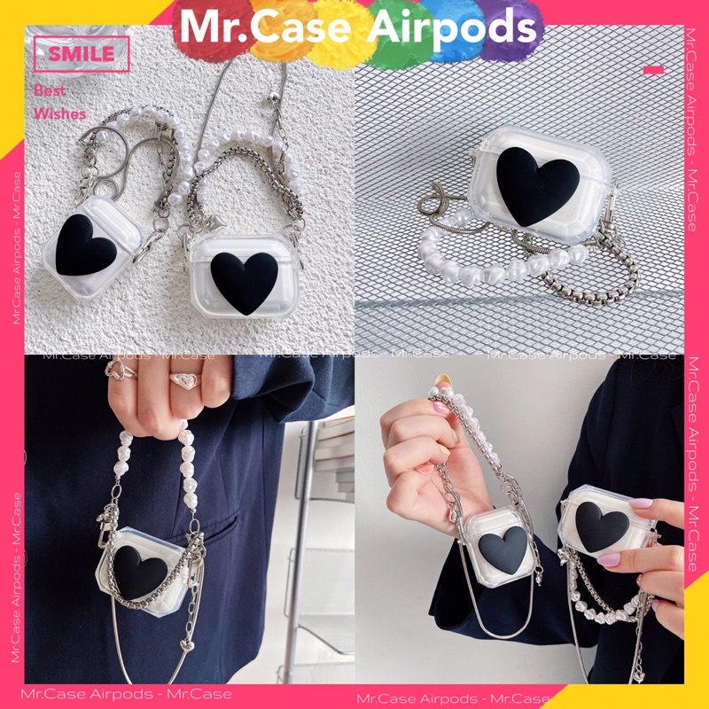 Case Airpods 1/2 /Pro Vỏ Ốp Tai Nghe Hình Trong Trái Tim Đen Kèm Móc Khoá Hình- Mr.Case AirPods