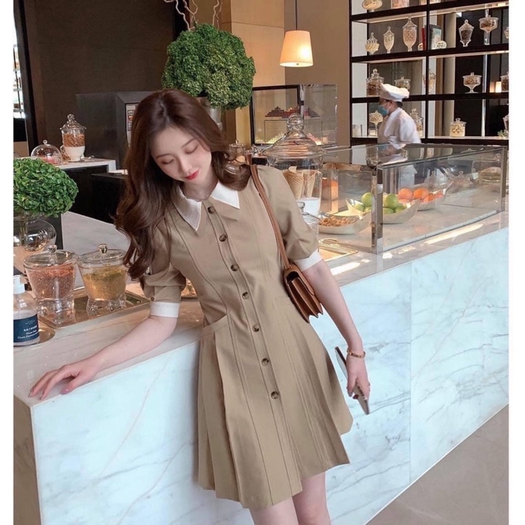 Đầm dạo phố công sở nude phối cổ trắng