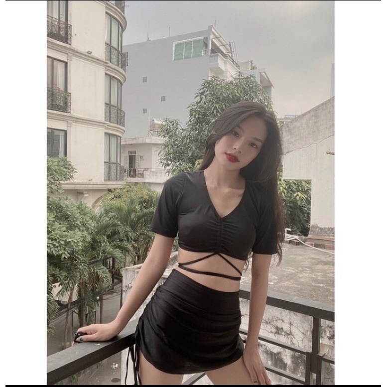 Đồ bơi nữ bikini 2 mảnh kín đáo áo croptop tay ngắn dây rút phối chân quần váy rút đi biển đẹp năng động