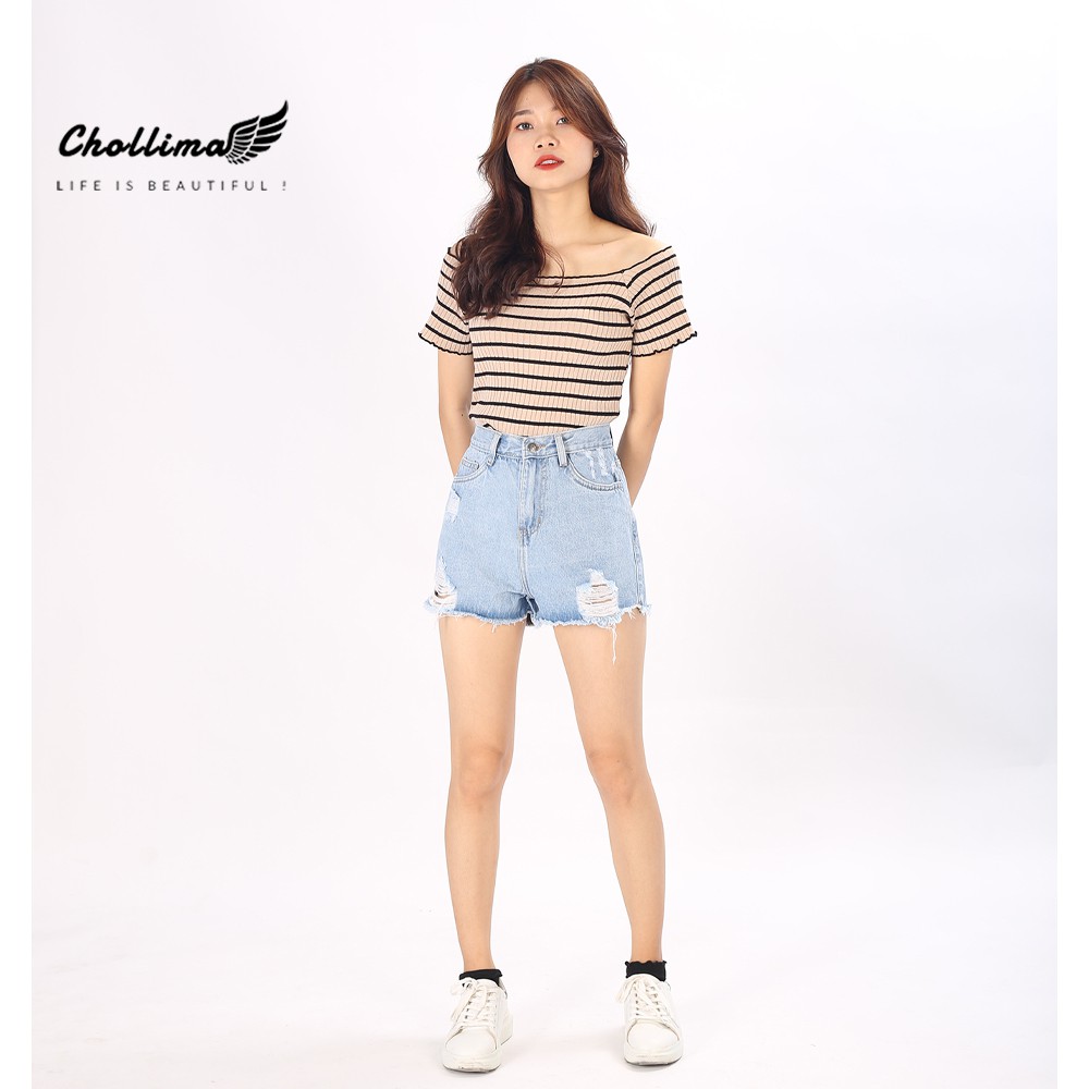 Quần short jeans nữ Chollima tua lai QS011 – quần sọc jeans nữ ulzzang phong cách hàn quốc