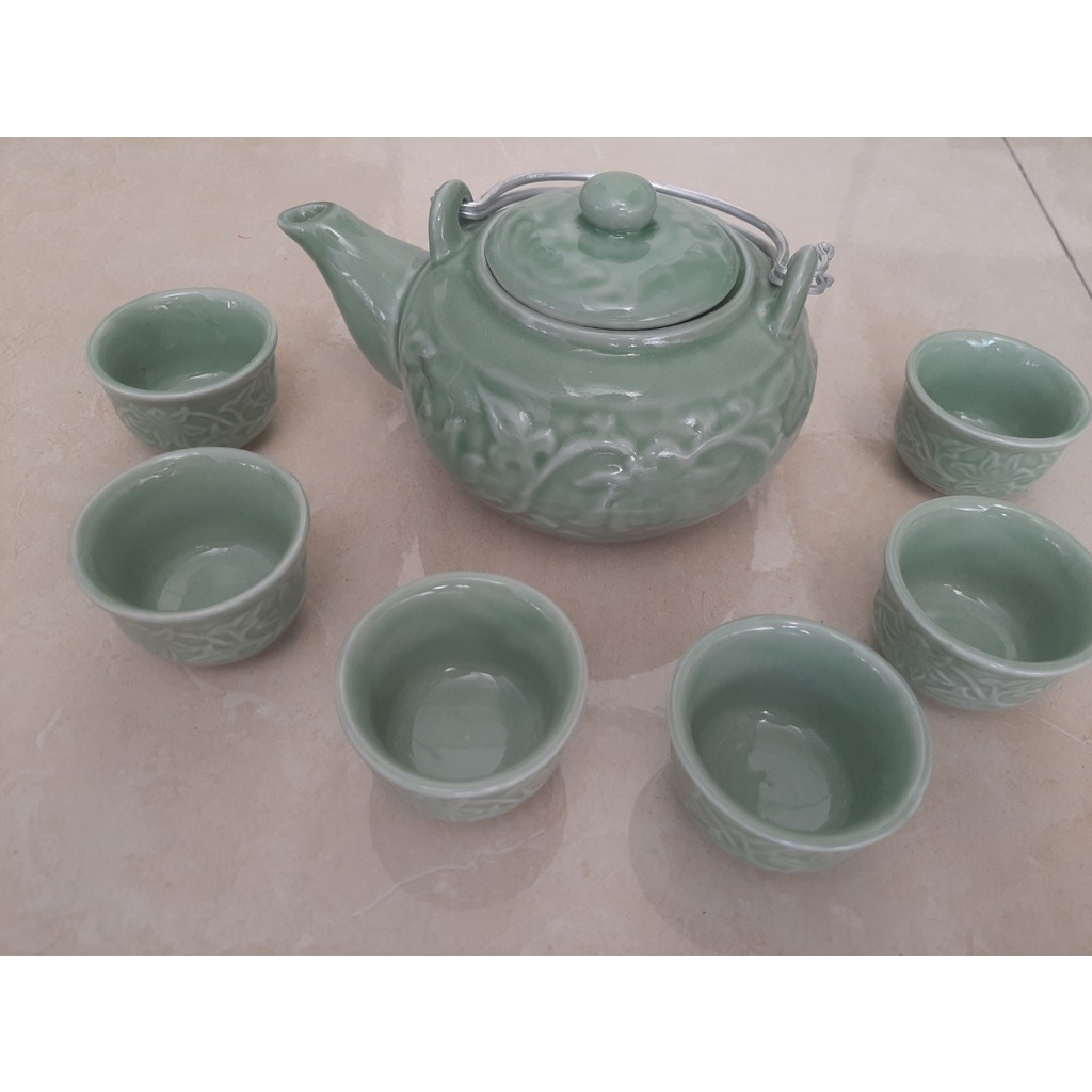 Bộ ấm trà gốm sứ men xanh hoạ tiết tráng men đẹp - Bộ ấm trà bưởi rời - chén uống nước đẹp bát tràng