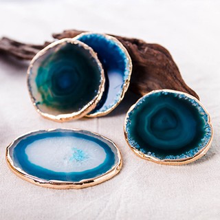 2Pcs Agate Slice Blue Coaster Tray Decorative Design Gold Edges