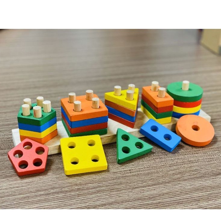 ĐỒ CHƠI MONTESSORI 5 CỌC HÌNH KHỐI-Đồ chơi gỗ an toàn, sáng tạo, phát triển trí tuệ, thông minh cho trẻ