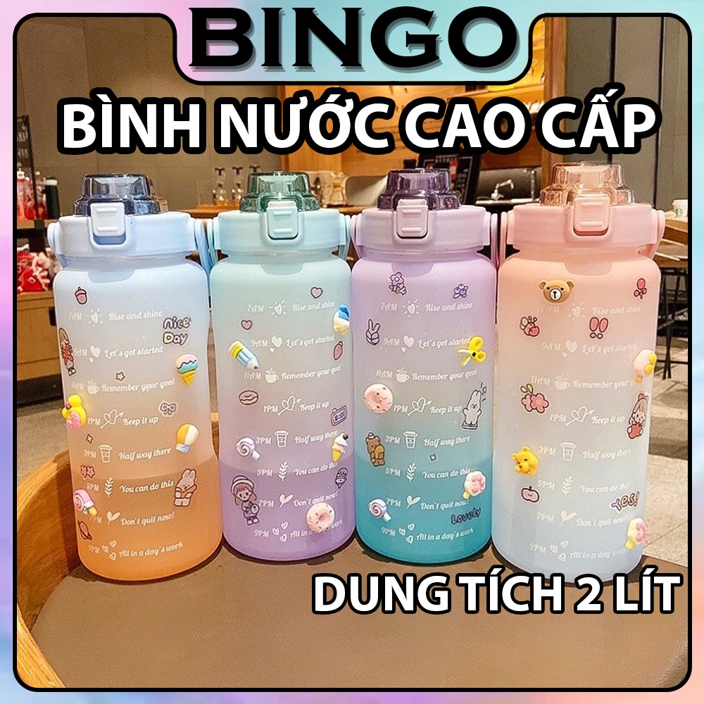 Bình Đựng Nước 2L Dễ Thương Chia Vạch Báo Nhắc Giờ Uống Nước Có Ống Hút Tập Gym Yoga Thể Thao Sports Cup