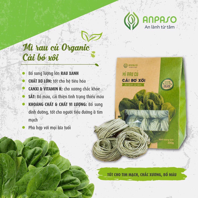 [Combo 3 loại mì hữu cơ] Mì rau cải bó xôi/rau sâm cát/lá mầm lúa mạch organic Anpaso 300gr/hộp