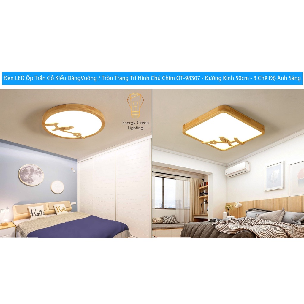 Đèn LED Ốp Trần Energy Green Lighting  Gỗ Kiểu DángVuông / Tròn Trang Trí Hình Chú Chim OT-98307 - Đường Kính 50cm