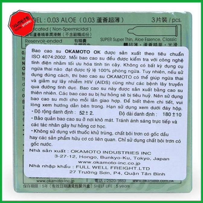 CHÍNH HÃNG 100% Bao Cao Su Okamoto 0.03 Aloe. Tinh Chất Lô Hội Hộp 3 Cái