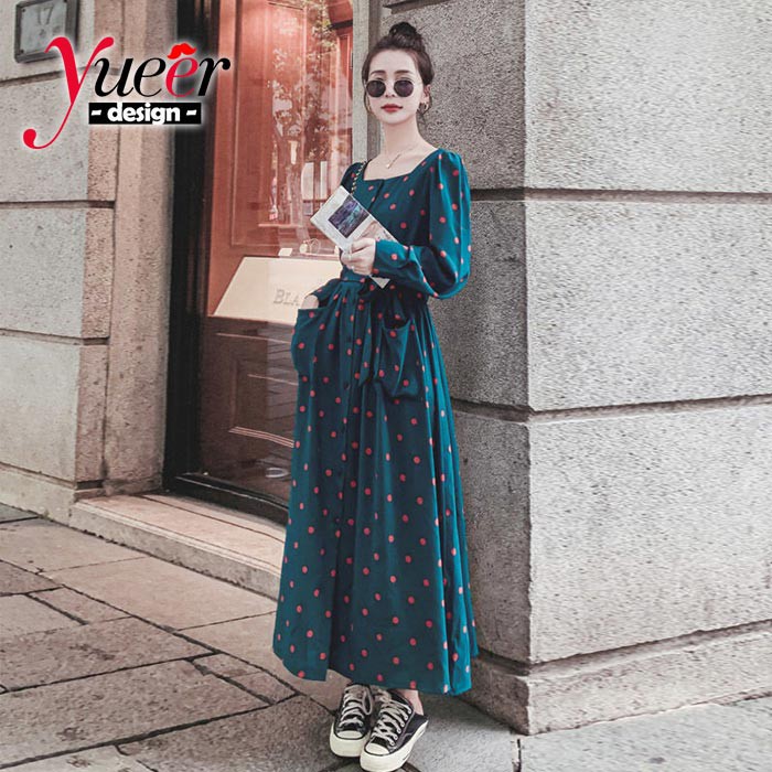 Đầm Dáng Dài Cổ Vuông Họa Tiết Chấm Bi Phong Cách Pháp Thời Trang Sang Trọng Cho Nữ