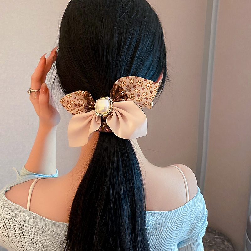 OIMG  Dây Cột Tóc Nơ Vải Màu Đen Đính Hạt Ngọc Trai