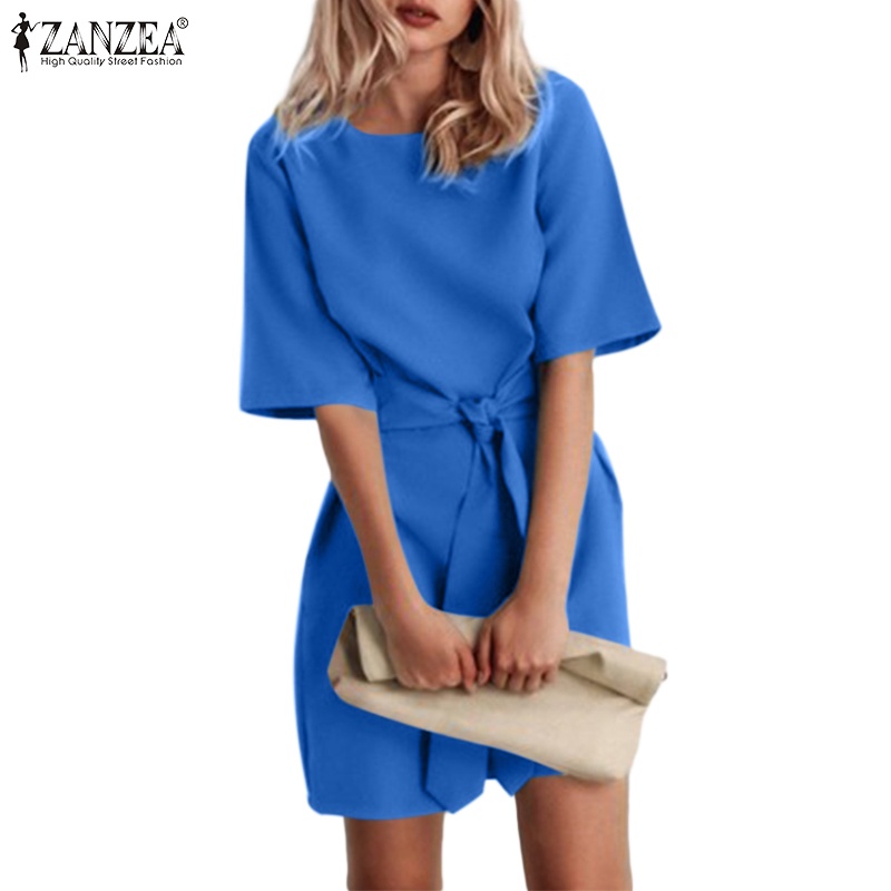Đầm ZANZEA tay ngắn cổ tròn thắt nơ phong cách đường phố châu Âu thời trang dành cho nữ