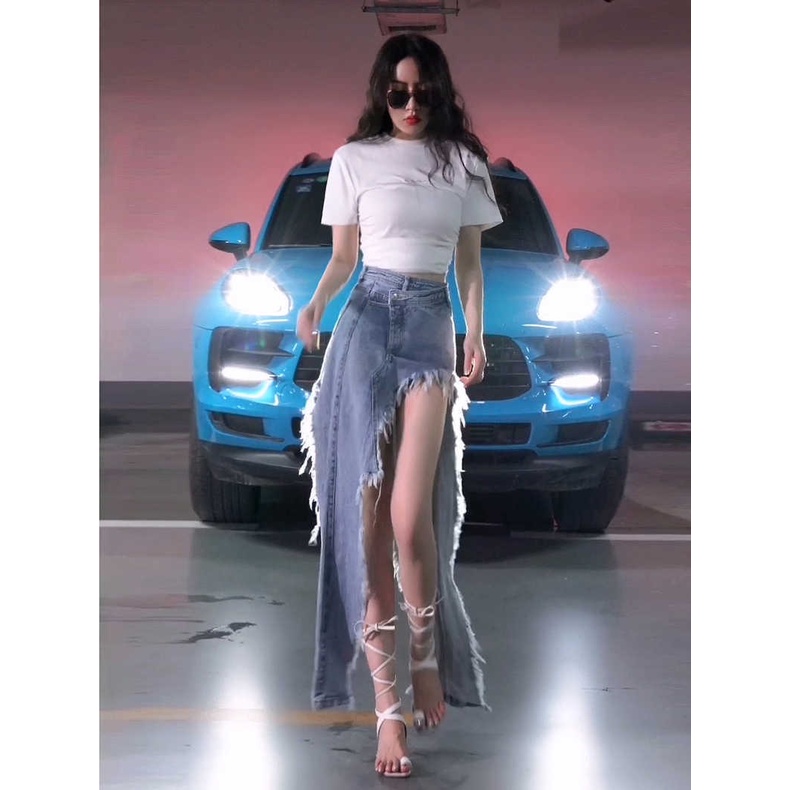 Chân Váy Denim Dài Dáng Chữ A Xẻ Tà Phối Tua Rua Phong Cách Đường Phố Âu Mỹ