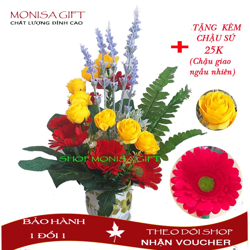 Hoa Giả, Chậu Hoa Giả Để Bàn Cao Cấp Monisa Gift {TẶNG} Chậu Sứ 25K