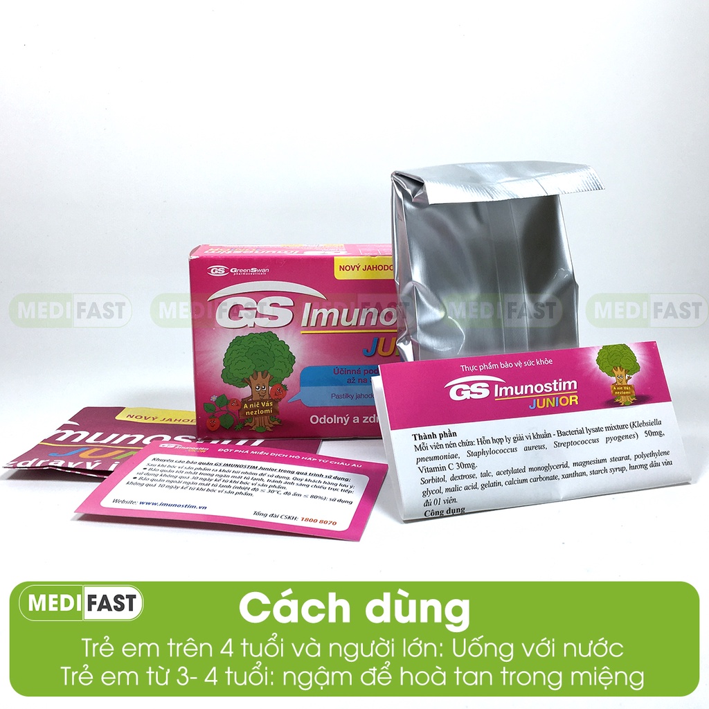 GS Imunostim Junior - Tăng cường sức khỏe đường hô hấp cho bé, phòng cảm lạnh, nhập khẩu từ Ý - Hộp 20 viên