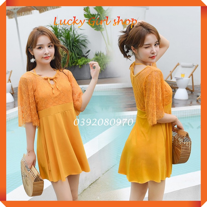 Bộ Bơi 1 Mảnh Liền Thân Che Bụng Kín Đáo Có Tay Vải Ren Xinh Xắn Size 55- 68Kg - Lucky Girl shop