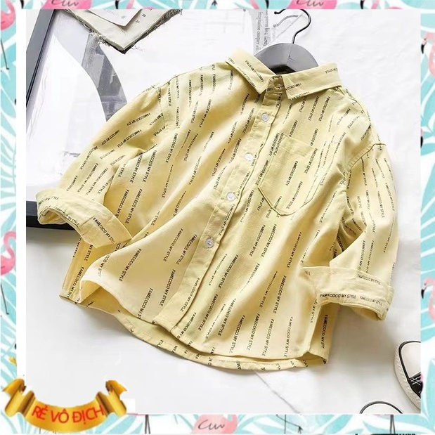 Áo sơ mi cho bé trai 2-8 tuổi in chữ FAMECOCO hãng Tommy xuất khẩu, Sơ mi dài tay trẻ em vải thô mềm dáng thời trang