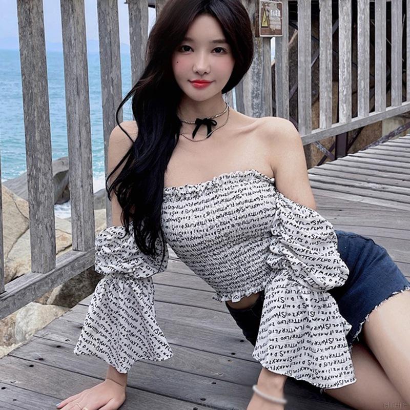 Áo voan lửng tay ống loe in họa tiết chữ thời trang dành cho nữ