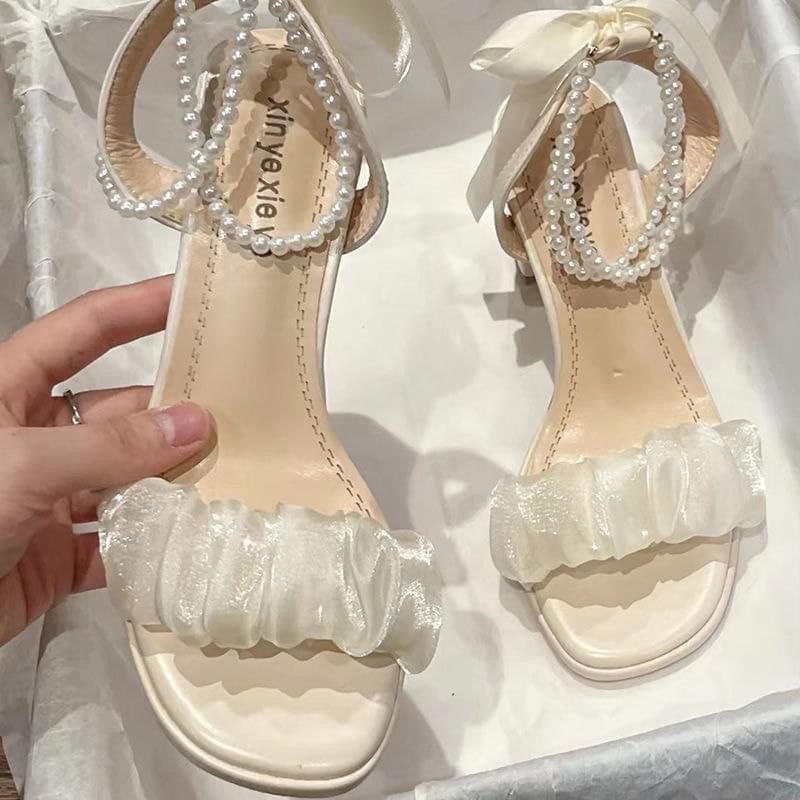 Sandal cao gót ren phối hạt cườm thắt nơ đi chơi, đi làm phong cách mùa hè