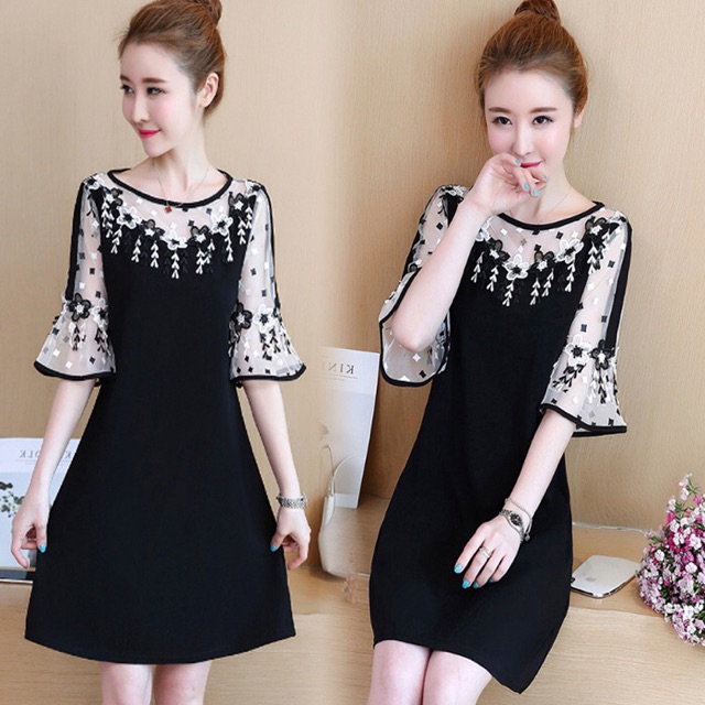 Đầm thun đen phối ren big size cao cấp hàng có sẵn size 65-100kg hàng y hình che khuyết điểm size lớn 60-85kg | BigBuy360 - bigbuy360.vn