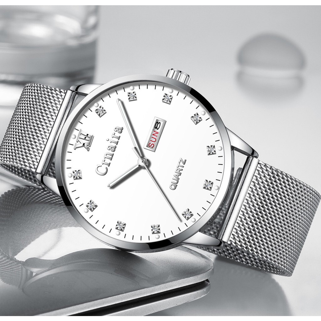 (CHÍNH HÃNG) Đồng Hồ Nam Mặt Đính Đá CRNAIRA JAPAN Chạy 2 Lịch Dây Thép Lụa Cao Cấp _Full Box | BigBuy360 - bigbuy360.vn