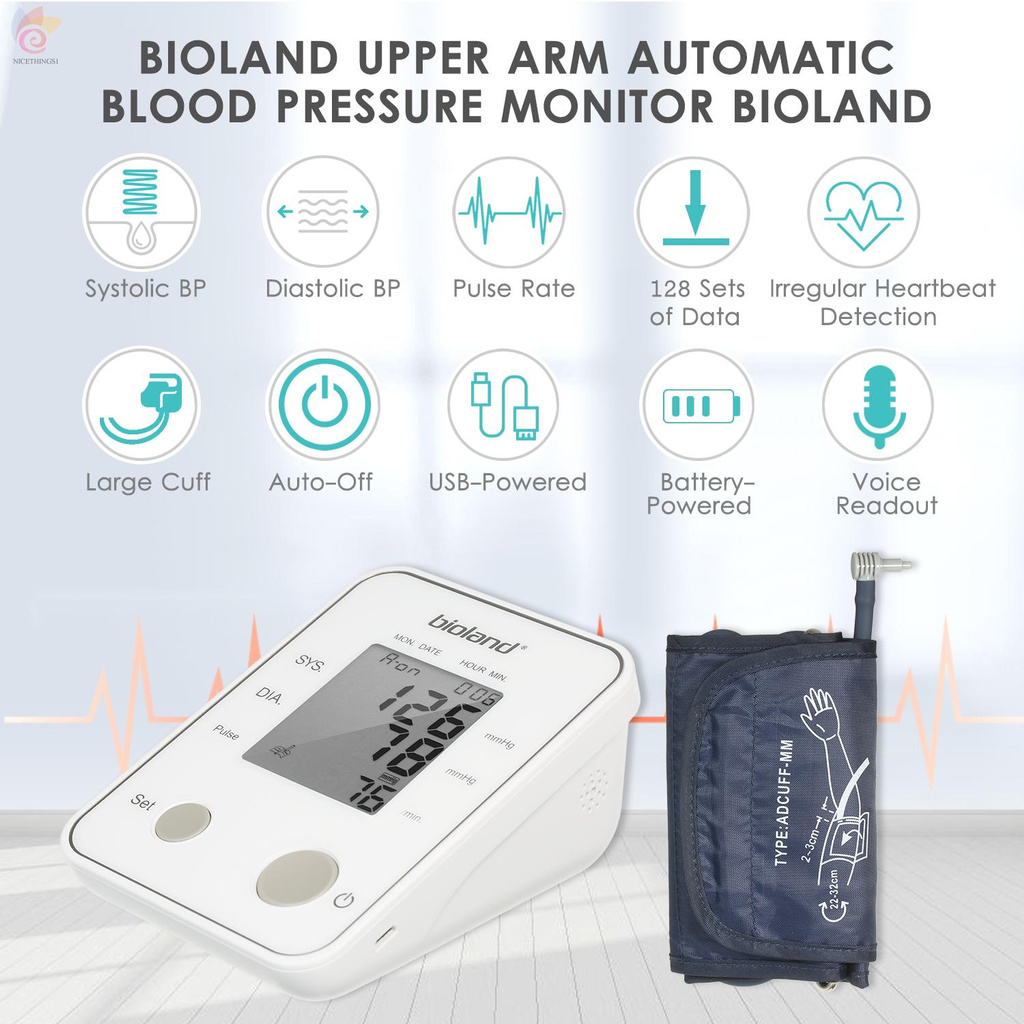 ET Bioland Upper Arm Automatic Blood Pressure Monitor Digital Blood Pressure Meter Voice BP Machine with Large Cuff Fits 8.5-inch to 12.5-inch Arms Supports 128 Sets of Data and Irregular Heartbeat Detection for Home Use