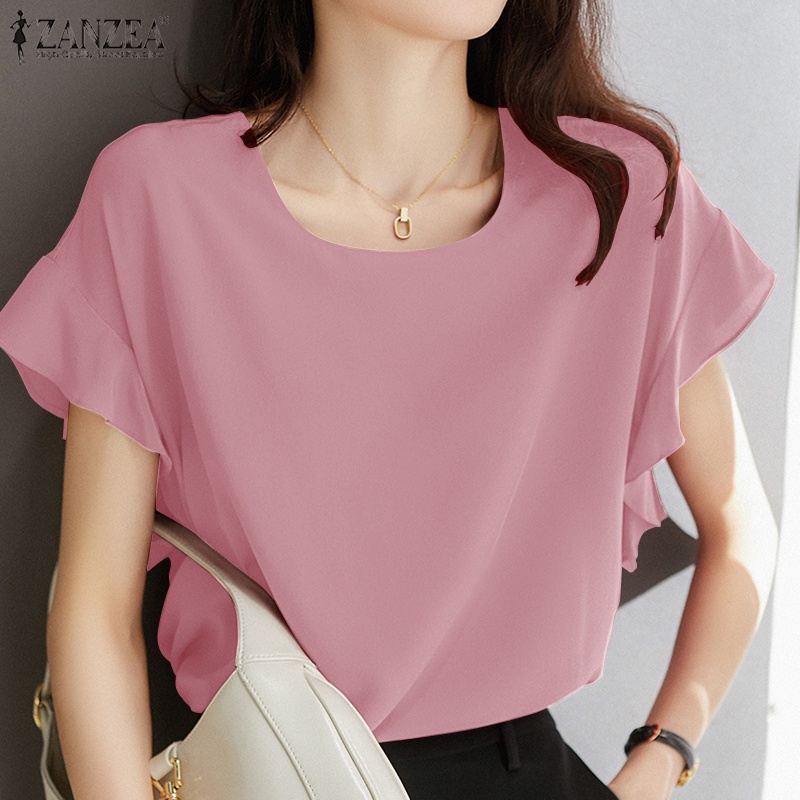 ZANZEA Áo Kiểu Tay Ngắn Cổ Tròn Màu Trơn Dáng Rộng Thời Trang Cho Nữ