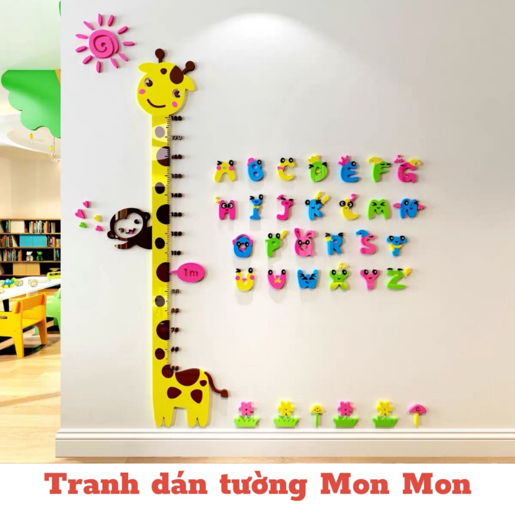 Tranh dán tường Mon Mon - Bảng chữ cái Tiếng Anh kết hợp đo chiều cao hươu cho bé, decal mica 3D dán nổi