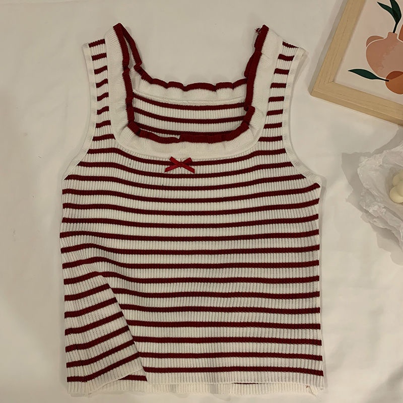 Áo Hai Dây Dáng Ôm Ngắn Phối Ren Họa Tiết Kẻ Sọc Phong Cách Hàn Quốc Quyến Rũ Cho Nữ