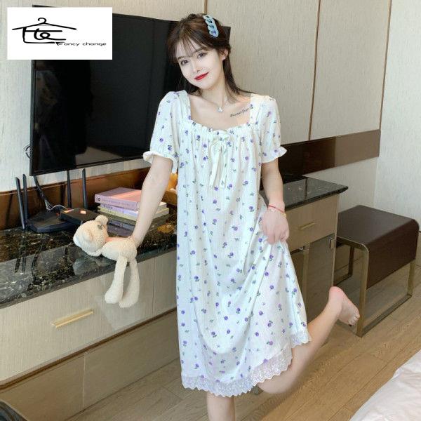 Đồ ngủ/ đầm ngủ tay ngắn dáng rộng in hoa dễ thương thời trang mùa hè cho bạn gái 22022