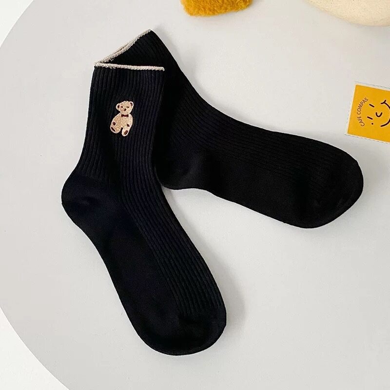 Vớ Cotton Cổ Cao Họa Tiết Kẻ Sọc Màu Trơn In Hình Gấu Hoạt Hình Dễ Thương Thời Trang Mùa Đông Cho Nữ