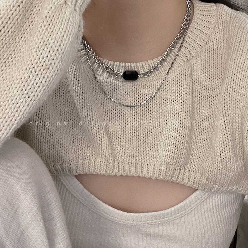 Vòng cổ Thép Titan Màu Đen Hai Lớp Phong Cách hip hop Thời Trang