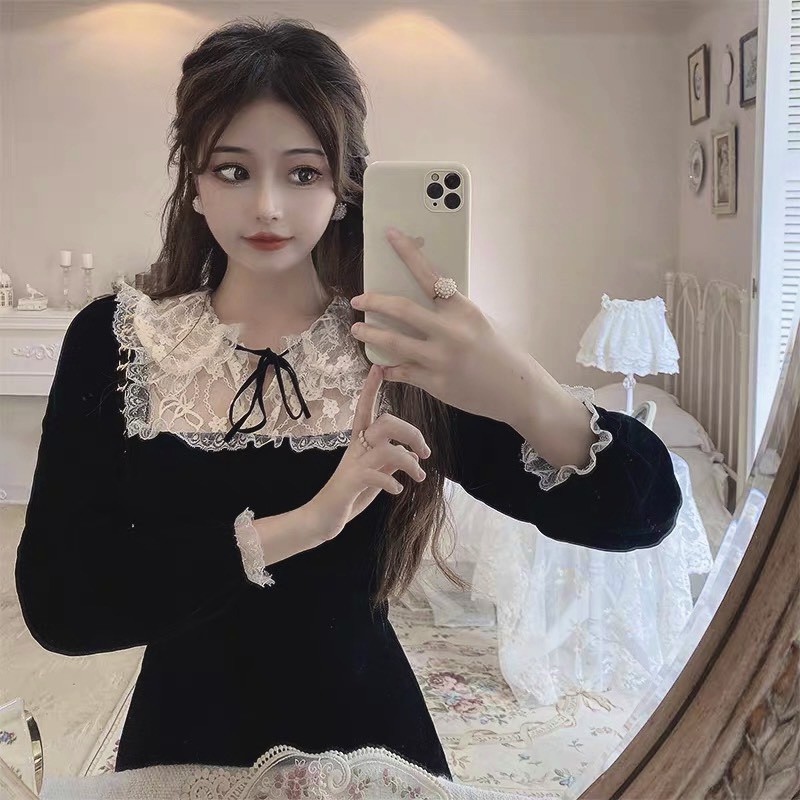 Đầm dự tiệc tay dài màu đen cổ sen tiểu thư, phối ren siêu yêu tại Thời trang VADA - V12 | BigBuy360 - bigbuy360.vn