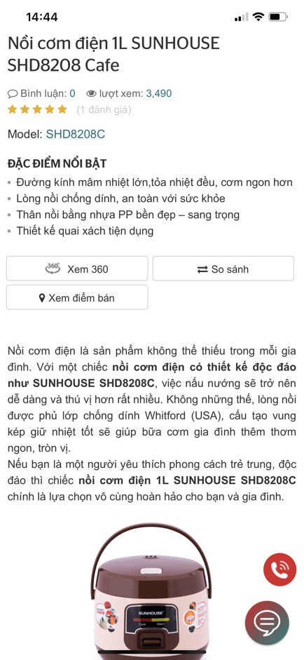 [Chính Hãng] Nồi Cơm Điện 1.0L Xinh Yêu Hàng Cao Cấp Sunhouse Toả Nhiệt 3 Chiều