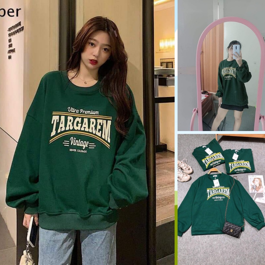 Áo Sweater Nỉ Targarem Vintage Form Rộng Tay Phồng Màu Xanh