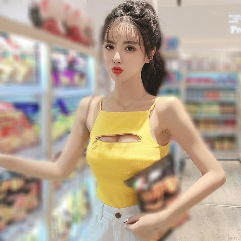 Áo Hai Dây Dệt Kim Màu Trơn Phối Khóa Kéo Thời Trang Hàn Quốc Quyến Rũ Cho Nữ