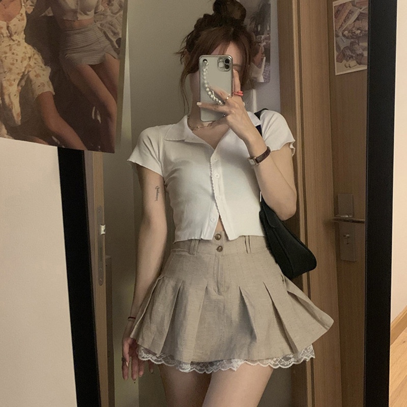 Brroa Chân Váy Kaki Mini Xếp Ly Cài Nút Phối Ren Hai Lớp Phong Cách Harajuku Cổ Điển Đường Phố Cho Nữ