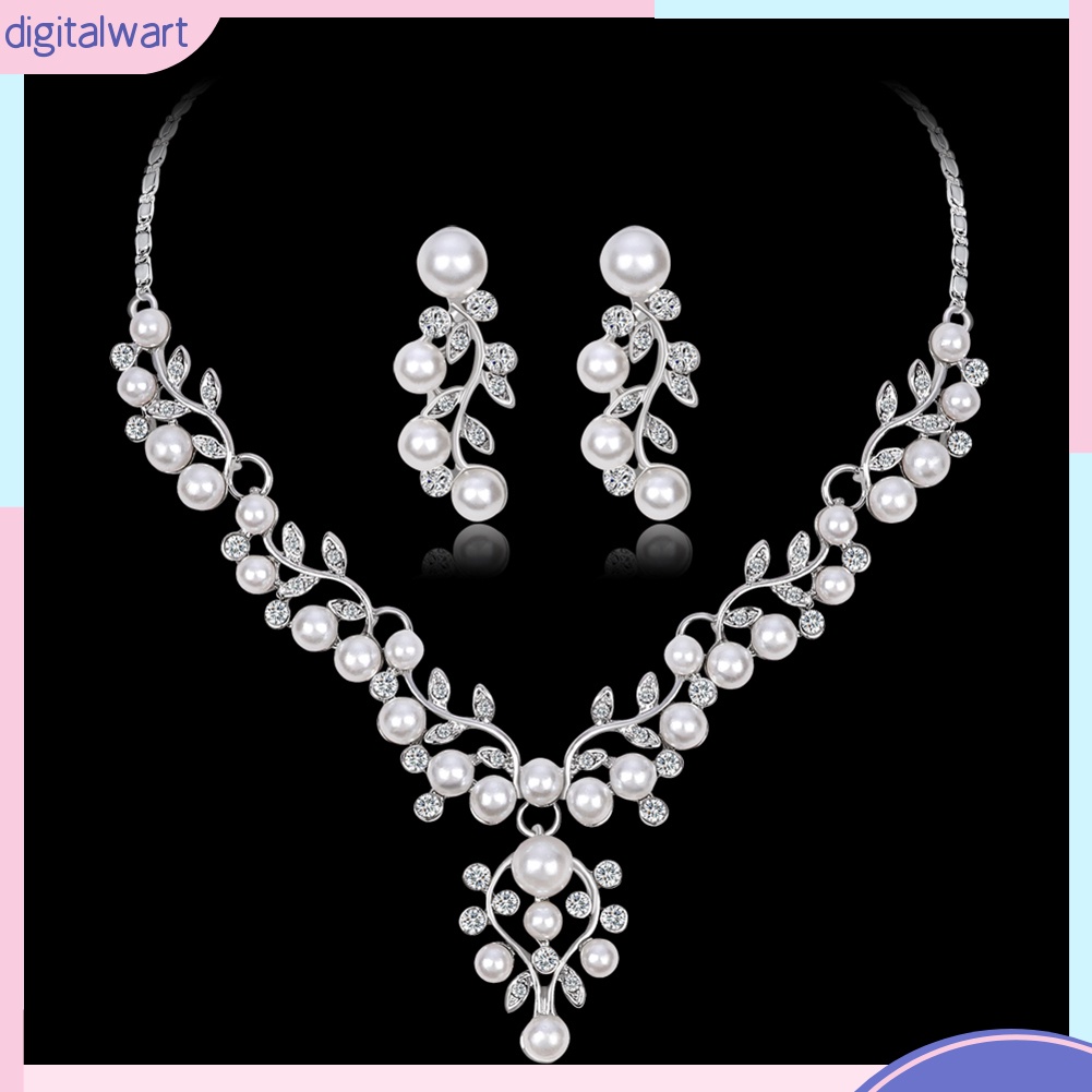 Bộ Vòng cổ + Bông Tai Hình Chiếc Lá Đính Kim Cương Giả &amp; Ngọc Trai Giả Cho Nữ