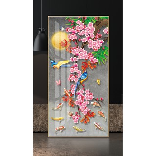 Tranh treo tường tài lộc hoa đào cá chép cửu ngư phong thủy chất liệu bóng kiếng hoặc vải canvas chinca090720